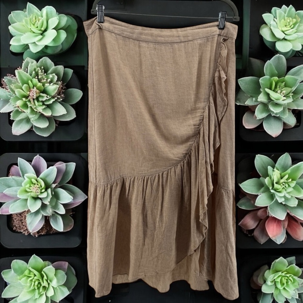 Madewell Tan Linen Blend Tiered Ruffle Midi Skirt Women’s Size 14
